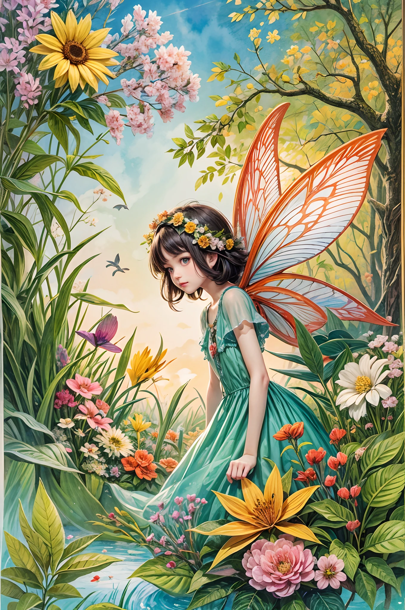 Generate a tale about a flower fairy residing within a vibrant, contemporary European watercolor-style forest, depicted in vivid and saturated hues. Explore the fairy's adventures and connections with the diverse flora and fauna of the enchanting woodland.