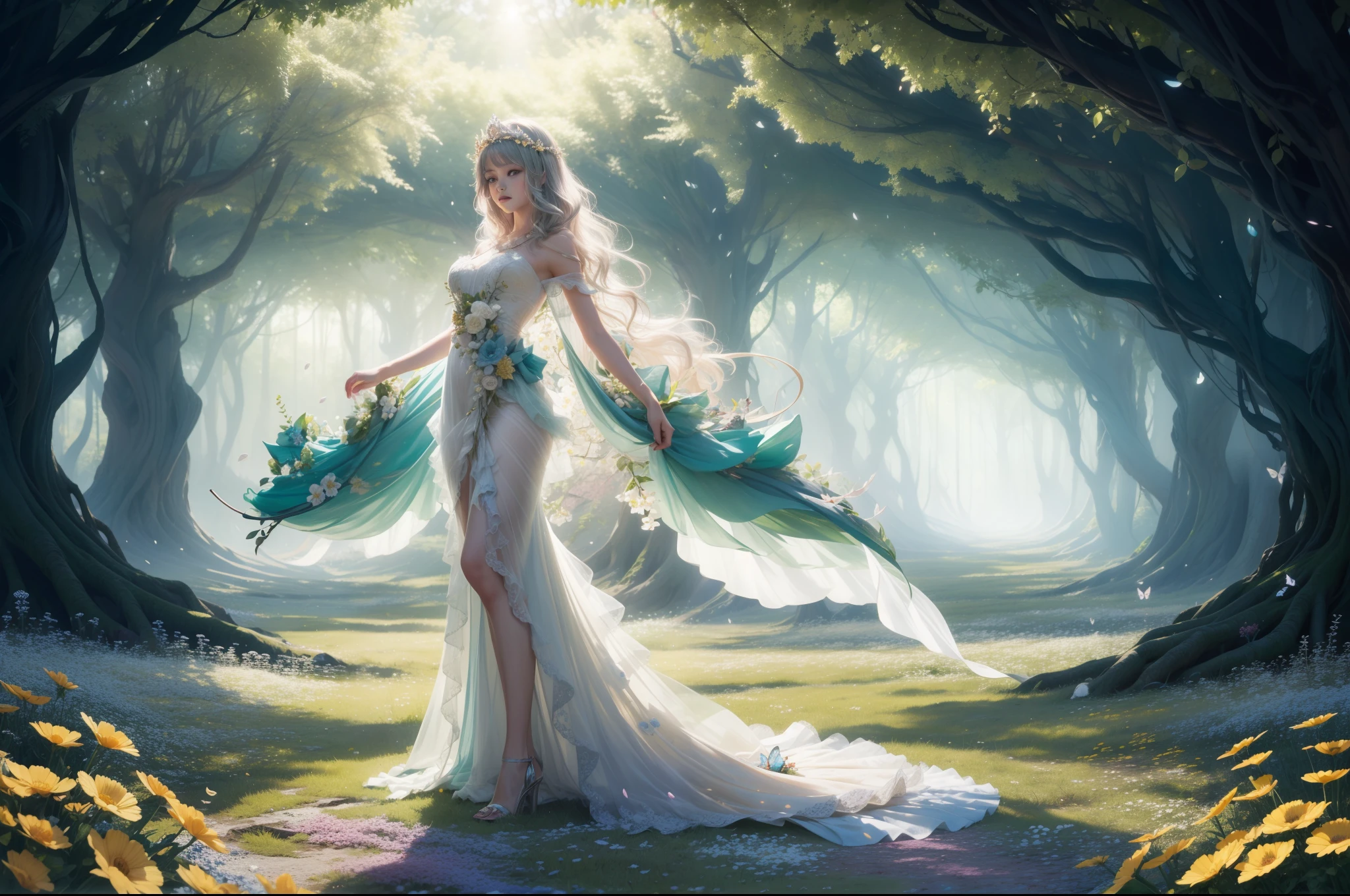 A young fairy in vortex of falling flowers and leaves. Butterfly like Wings. She wears a multilayered ruffled dress in light yellow transparent fabric with silver and aquamarine embellishments. Long messy wavy hair in dark colour, flower tiara. She is emerging from a vortex of multicoloured varieties of flowers and leaves of different shapes and tones of green. Dynamic image. Magical flowery forest as background, clear day, sunny, light filtering through the trees. Photorealistic.