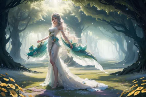 A young fairy in vortex of falling flowers and leaves. Butterfly like Wings. She wears a multilayered ruffled dress in light yel...