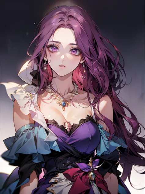 anime girl with (long purple hair: 2) wearing a white dress and a necklace, beautiful anime woman, beautiful alluring anime woman, beautiful anime girl, beautiful anime portrait, ((a beautiful fantasy empress)), anime girl with long hair, detailed portrait...