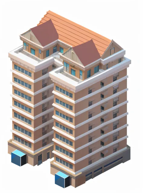 Alafed apartment building，Two floors，the roof, full building, Isometric house, Single building, multistory building, isometric 3d render, prerendered isometric graphics, isometric illustration, Tall building, realistic building, stacked buildings, isometri...