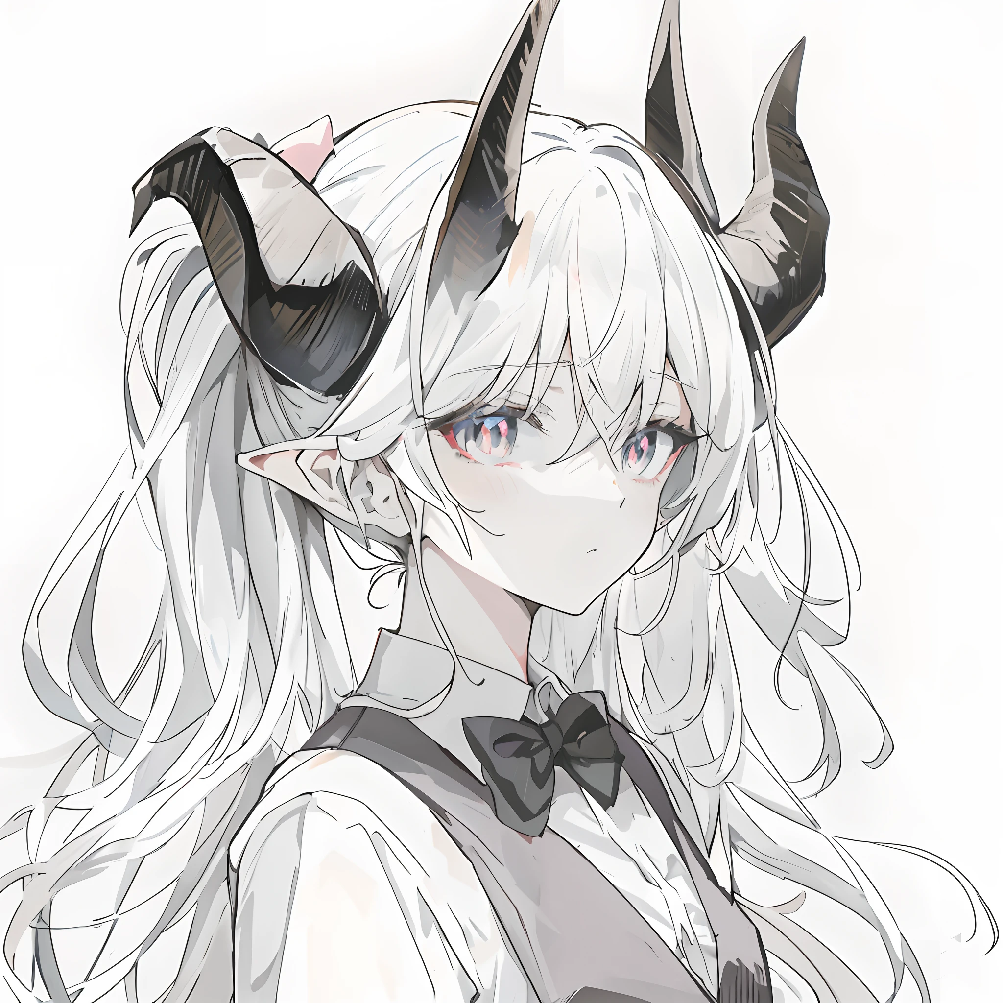 Anime girl with long dark blue hair and purple eyes and 2 black horns with  black wings and wearing all black on Craiyon