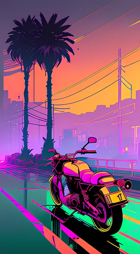 (nvinkpunk:1.2) snthwve style motorcycle, light wave, sunset, intricate, very detailed