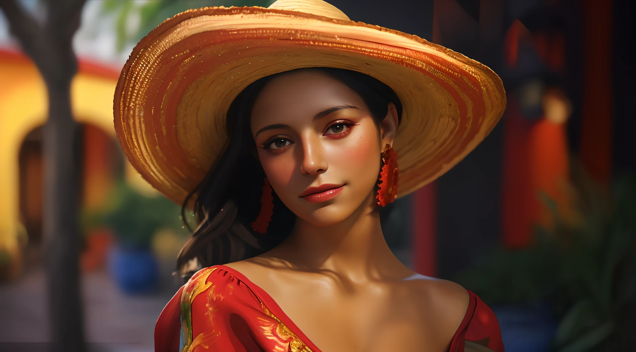 arafed woman in a red dress and a straw hat, beautiful mexican woman, realistic spanish woman painting, in a oil painting style, photorealistic digital painting, stunning digital painting, realistic digital painting, ultra realistic digital painting, wearing sombrero, gorgeous digital painting, beautiful tan mexican woman, beautiful digital painting, soft portrait shot 8 k, super realistic painting style