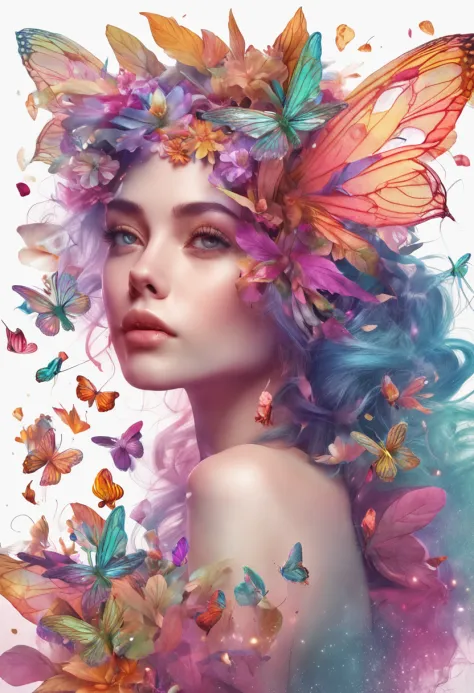 color photo of a flower fairy with transparent colorful wings, holding a magic wand