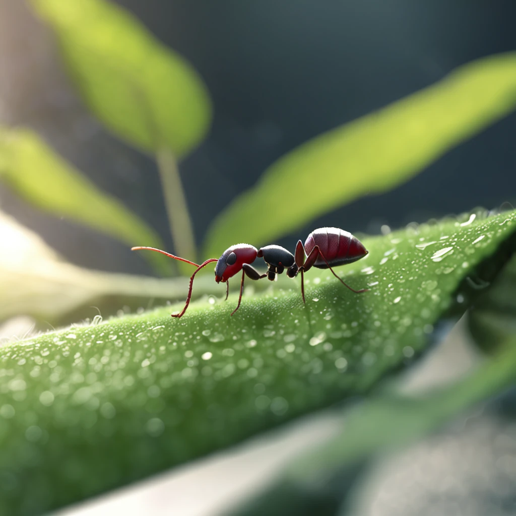 An ant lies on a leaf，There is dew on the edges of the leaves，magic hour，photorealistic cinematic render, Cinematic 3D rendering, realistic cgi render, Depicted as a 3D rendering