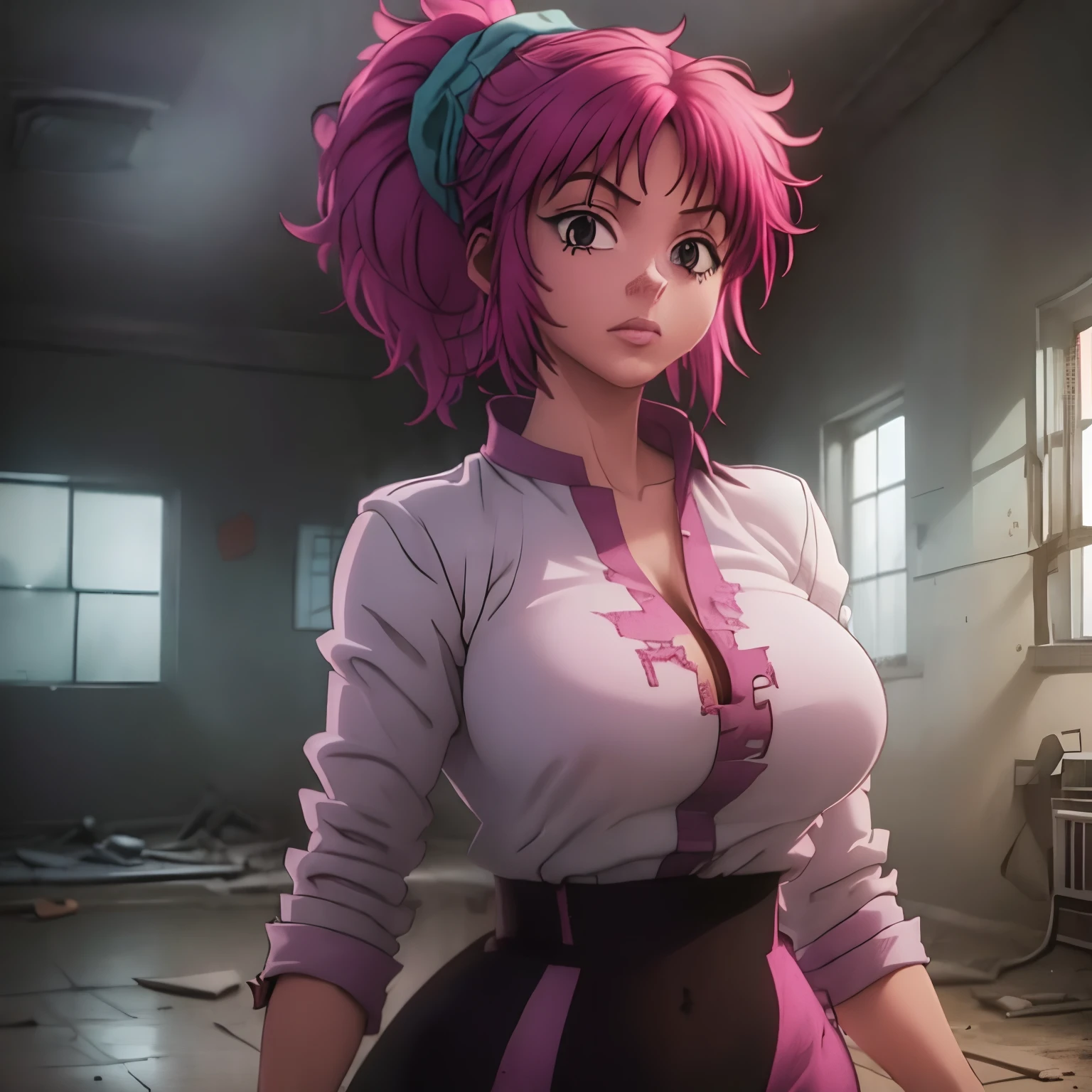 (masterpiece:1.1, Best Quality:1.1), Solo, 1girl in, (Machi:1.2, Hunter Hunter characters), deadpan, Looking at Viewer, detailed brown eyes, Detailed face, (Machi cosplay:1.2, Pink hair, Ponytail, torn White clothes:1.3, Huge breasts:1.3, Huge cleavages:1.3), (In a realistic abandoned building:1.15, Dark atmosphere:1.5),