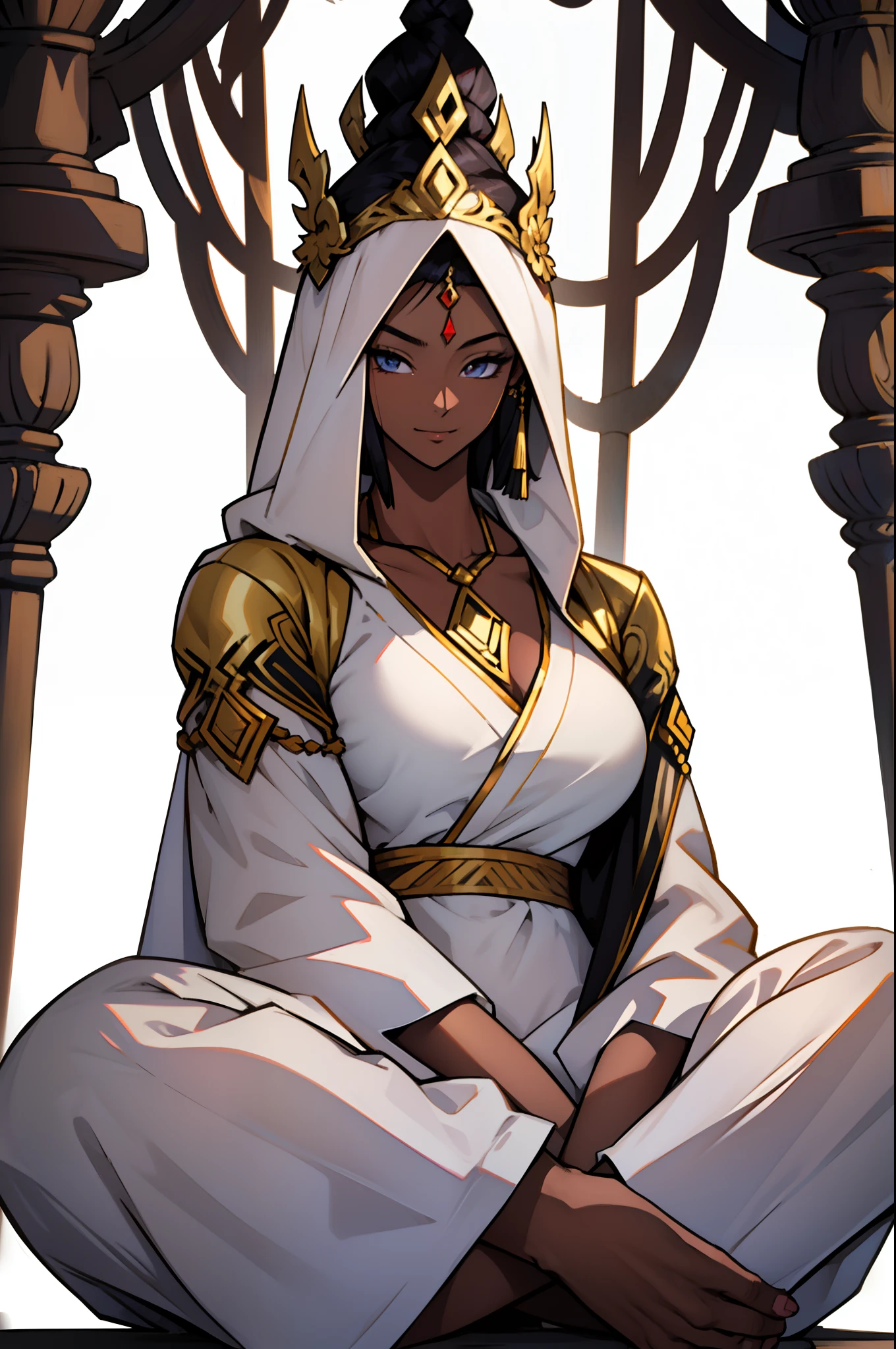 anime style, Southeast Asian, Khmer woman, woman, Khmer, Cambodian, hindu style, spiritual goddess, deity, full body from head to toe, dark chocolate skin tone, hair all down hairstyle, meditation position, seating position, prayer, wearing a grey long hoodie robe dress, white color hair, I want the picture to be complete and accurate, all pure white background scenery, "centered postition",