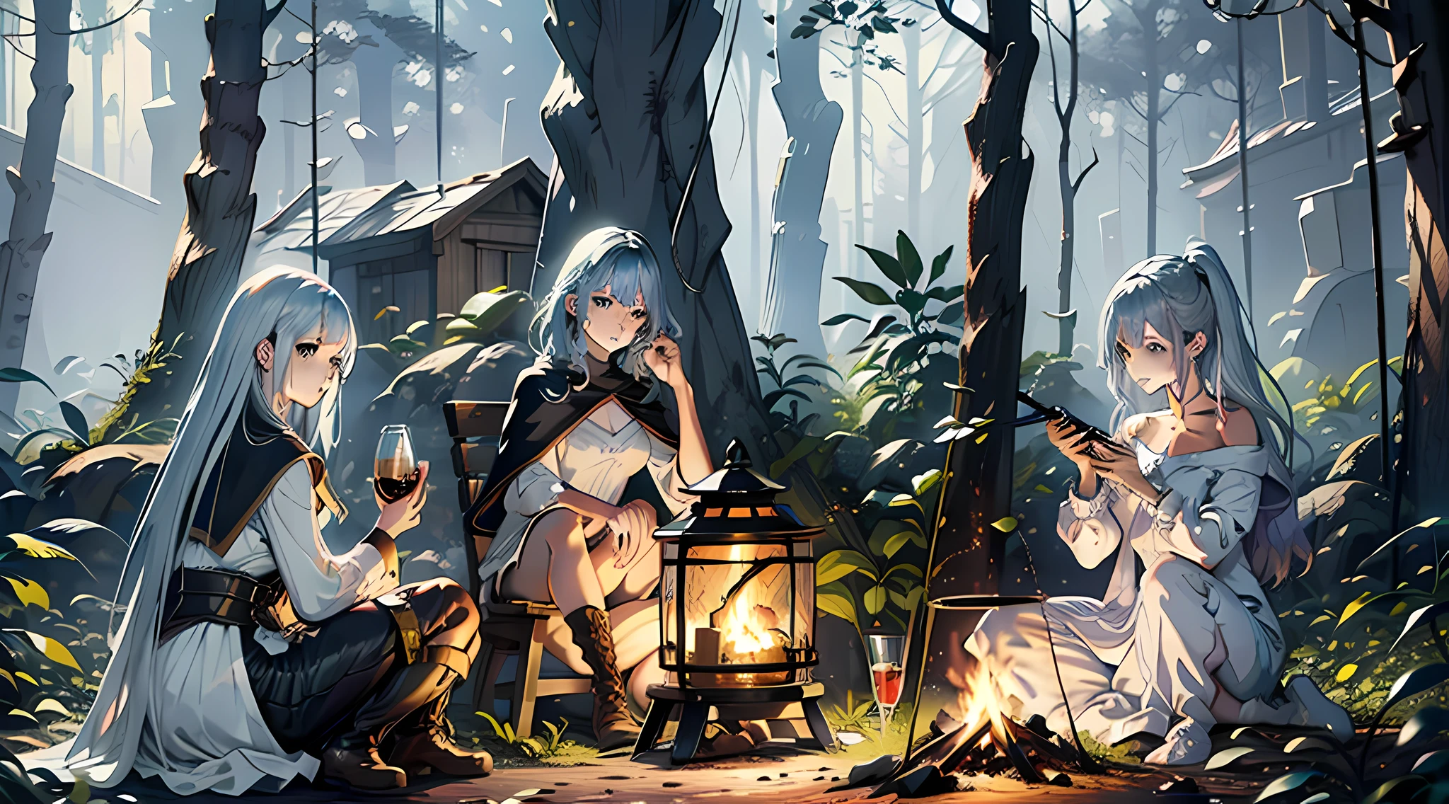 Three people sitting around a campfire in the forest, Cozy night fireflies, Fantasy Painting HD, Cozy enchanted scene, fantasy scene, background illustration, realistic fantasy painting, Magical atmosphere, at a campfire in the forest, Relaxing concept art, Wide-angle fantasy art, realistic fantasy illustration, fantasy atmospheric lighting, hd fantasy art, Campfire background, Beautiful fantasy picture, Breathtaking backstory, The effect of presence, Particles of magic, 3D-эффект, Ultra HD, SGI, super detaill, ccurate, Best Quality, 16k, UHD, ccurate, anatomically correct, High Details, hight resolution, Beautiful, anatomically correct, extra high resolution, (photo-realistic: 1,4), 8K resolution, ..3d, ........CGI, voluminous lighting, beste-Qualit, extra high resolution, (photo-realistic: 1,4), 8K resolution, (Realistic hair: 1,2), (Realistic eyes: 1,2), (beatiful face :1.3), High contrast, 8K, super detaill, ccurate, Best Quality, 16k, (extremely detailed CG unity 8k wallpaper,Masterpiece, Best Quality, Ultra-detailed),(extreamly delicate and beautiful),(Floating),(mysterious),(blue eyes),(Silver hair),(red hair),(purple hair),(yellow hair),(green hair)