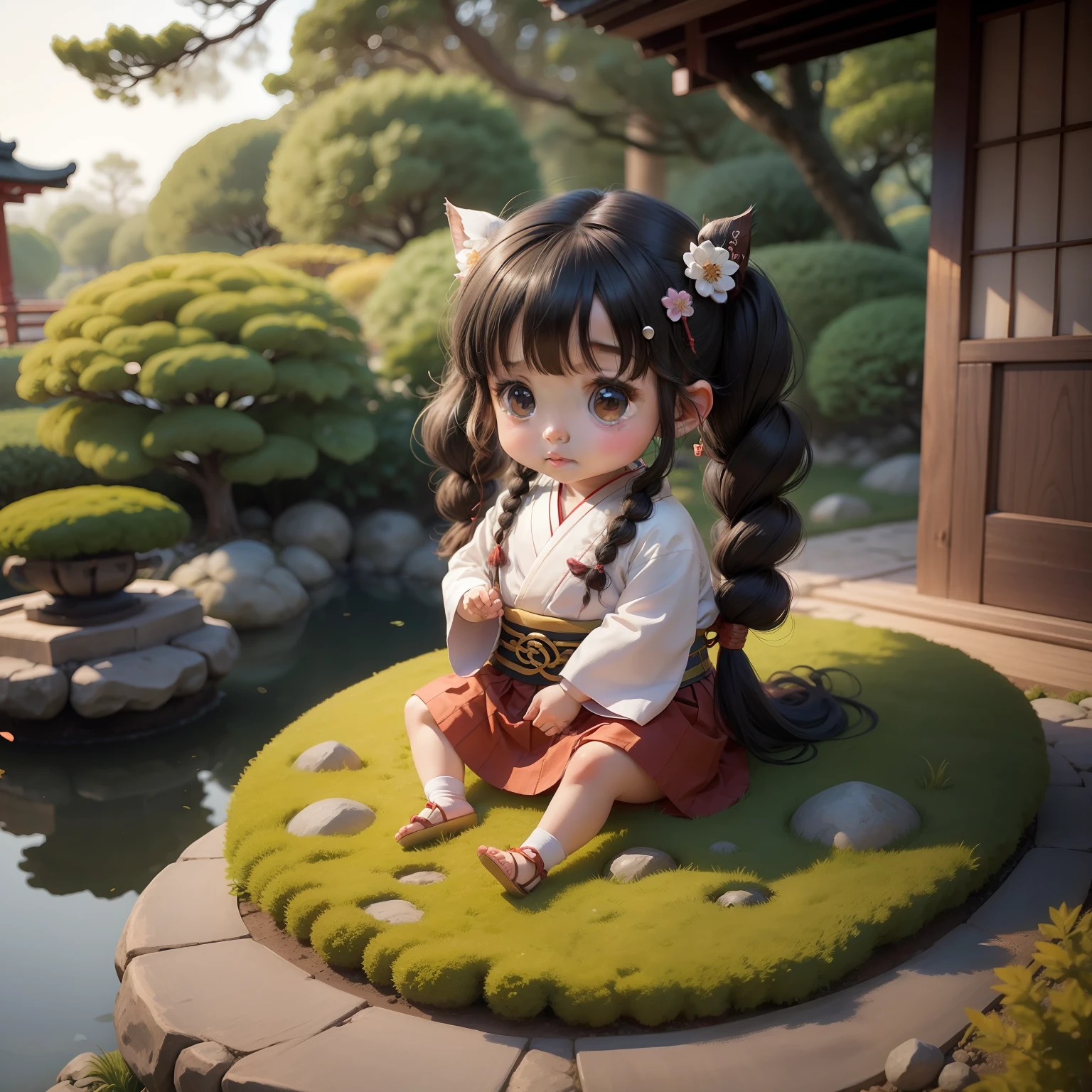 かわいい赤ちゃんちびアニメ,生成された結び目のある髪,古風な髪飾り,日本庭園.