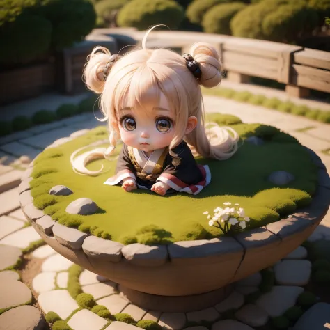 Cute Baby Chibi Anime,Generated knotted hair,Archaic hair ornament,Japanese garden.
