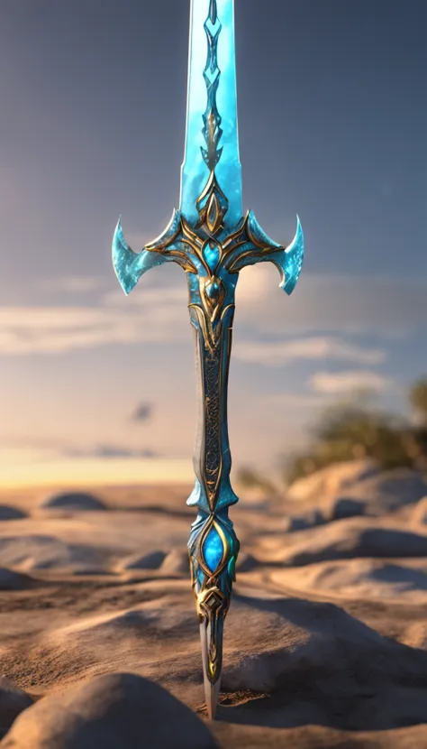Excalibur, Delicate mango, The sword body is exquisite，well decorated,（((The sword body is designed with blue opal and light green particle effect alien pattern..：1.3))), Should, (The sword body is symmetrically decorated:1.3), (The entire Excalibur blade ...