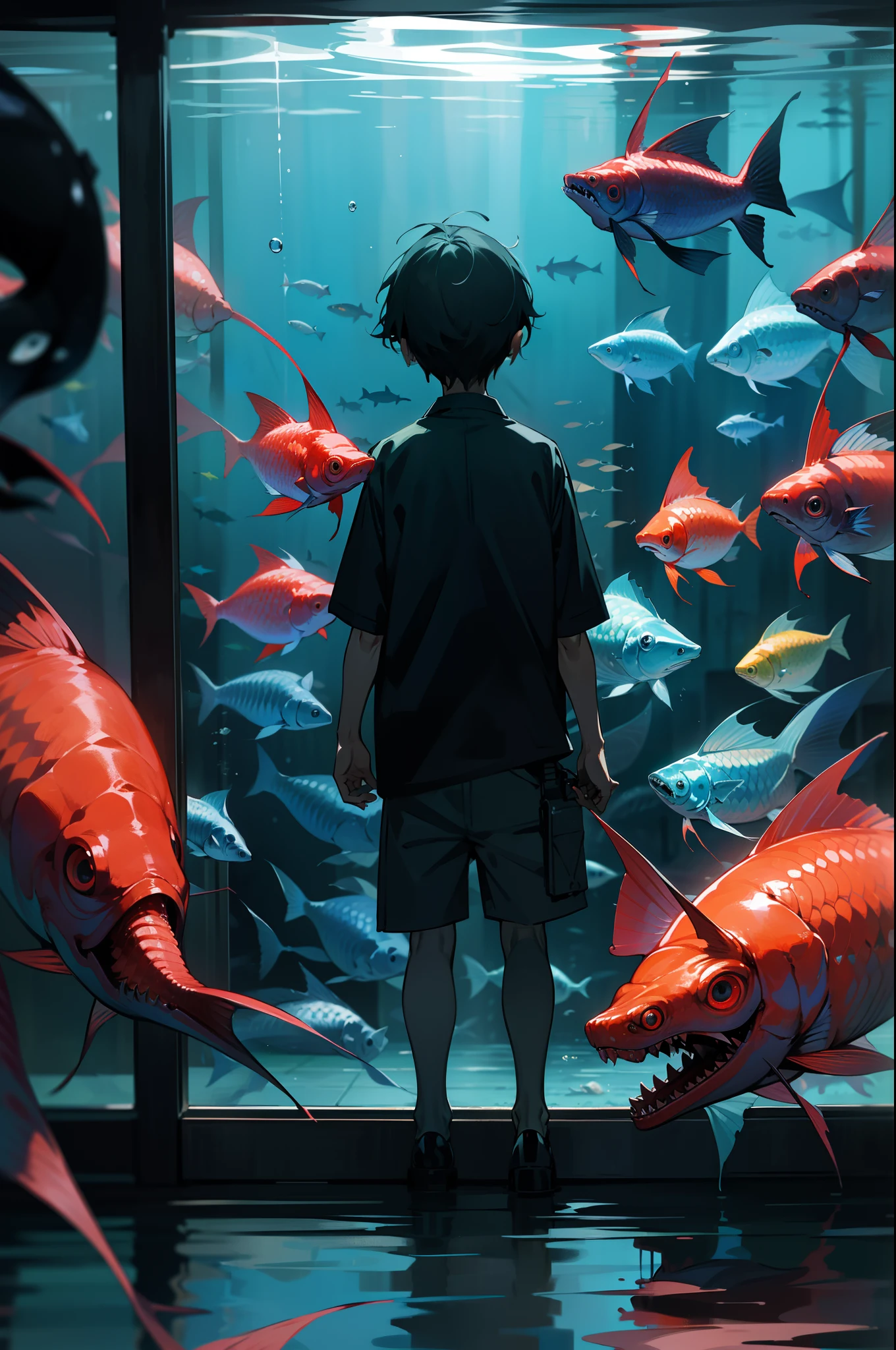 Anime boy looking at fish in aquarium with red and blue fish - SeaArt AI