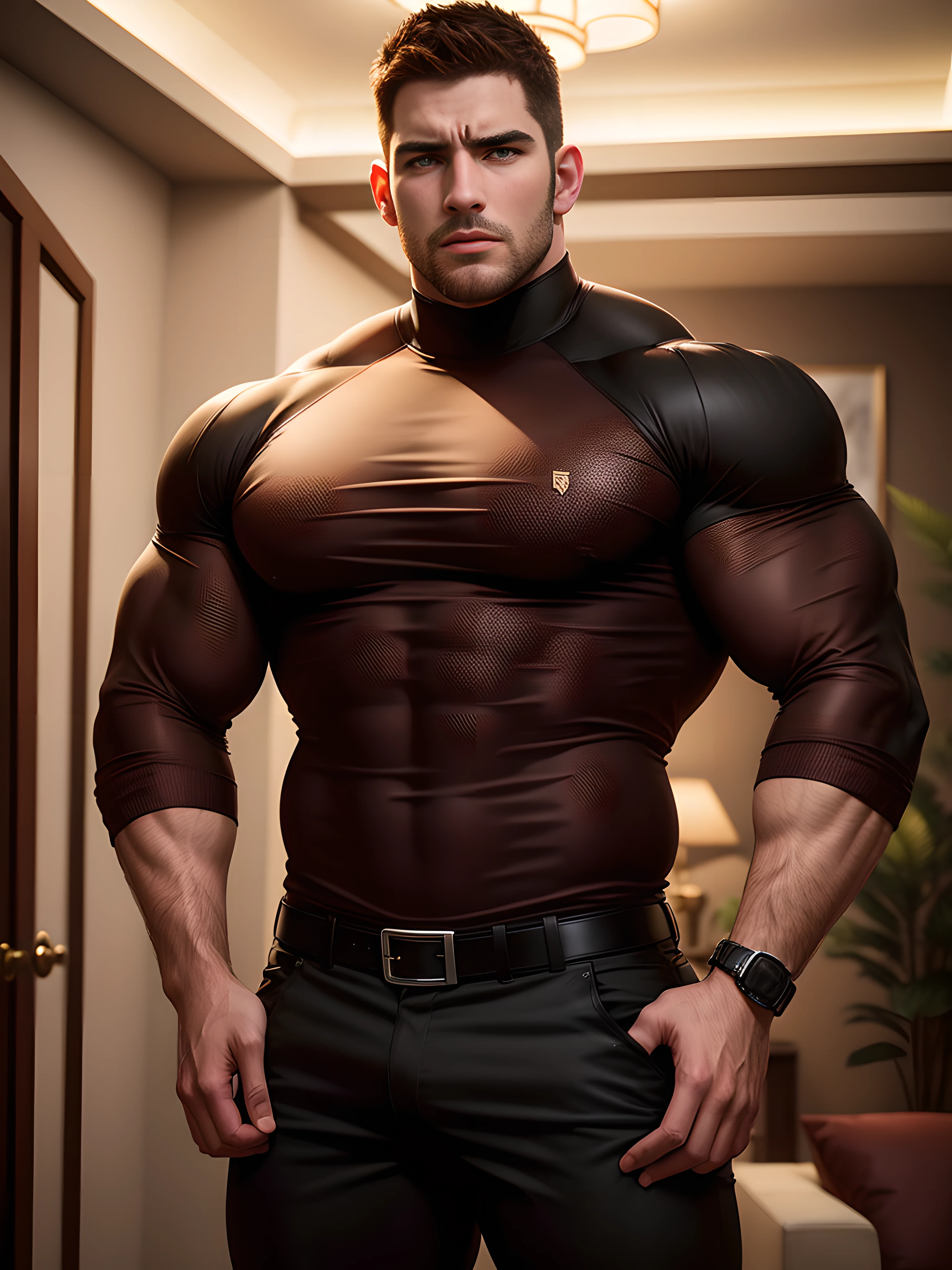 Muscular male security guard with open mouth，Chris Redfield，Wear a long-sleeved turtleneck sweater，expression sad，He frowned aggrievedly。。。。。。。gem-like eyes，Tall, Burly and strong，Thick thighs，He was in the living room of a luxury villa，Luxurious warmth in brown tones。。。。。。Highest resolution，the highest picture quality，Extremely optimized facial features，Detailed depiction