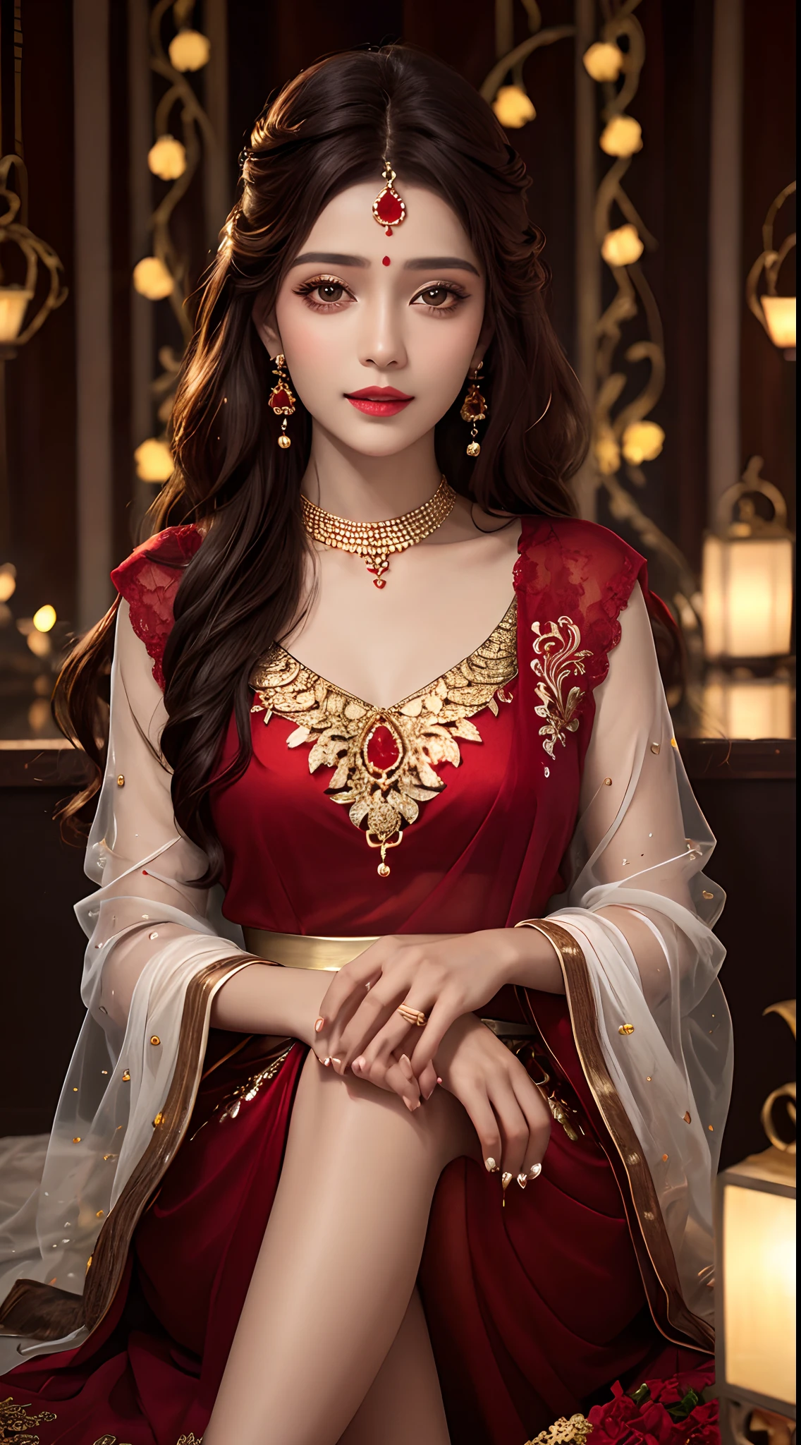 realistic, photorealistic, masterpiece, best quality, a girl, looking at viewer, happy, long hair, beautifully lips, indian lahanga, red and black lahanga, spreading lahanga, red lace transparent, gold plating, jewellery, spot lights, spreading lights, sparkle lights, sitting pose, whole body capture,