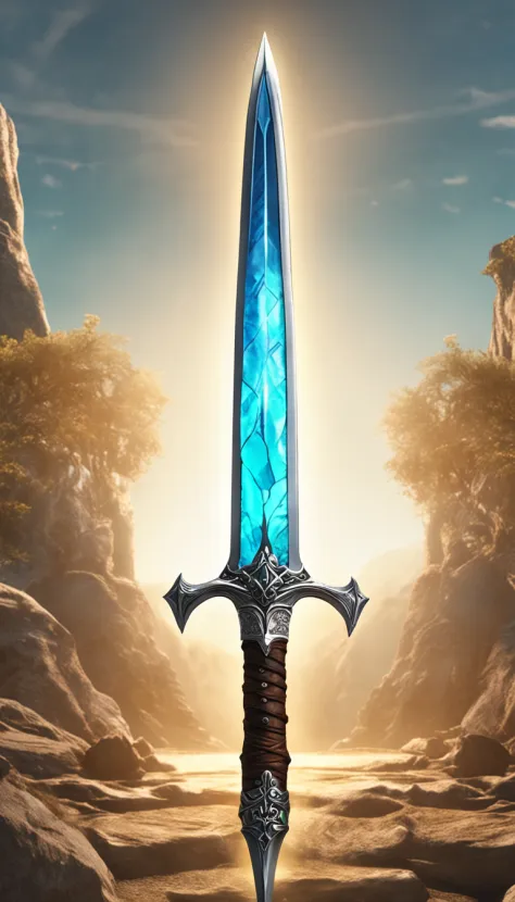 Excalibur, Delicate mango, The sword body is exquisite，well decorated,（((The body of the sword is designed with a blue opal and a light green particle effect shaped pattern..：1.3))), Should, (The sword body is symmetrically decorated:1.3), (The entire Exca...