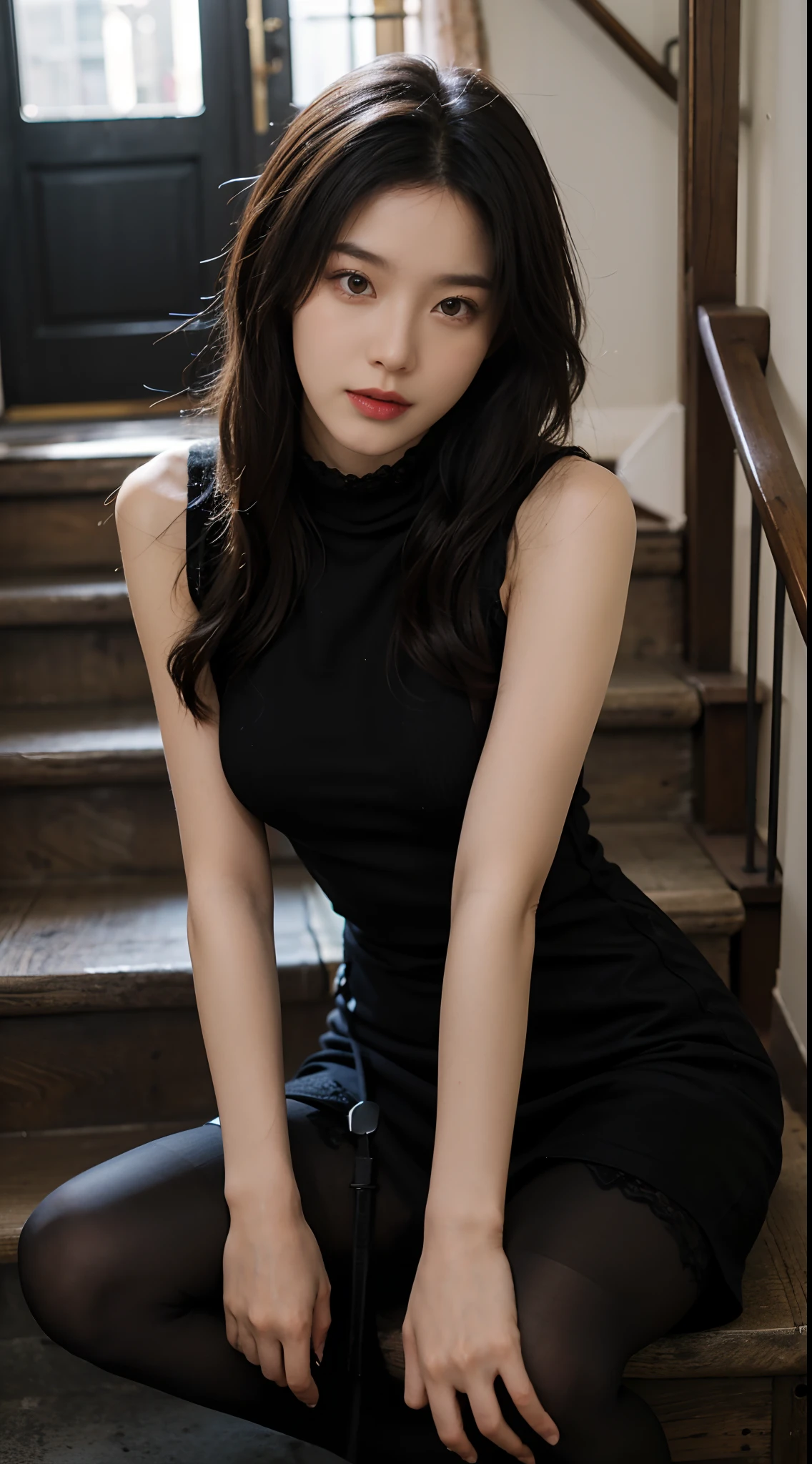 (RAW photo:1.2), (Photorealistic:1.4), （Ray tracing）,Korean female model，Beautiful meticulous girl, very detailed eyes and faces, Beautiful detailed eyes, absurderes, unbelievable Ridiculous, hugefilesize, ultra - detailed, A high resolution, The is very detailed，best qualtiy，tmasterpiece，((Black sleeveless turtleneck lace dress))，illustratio，The is very detailed，CG，unified，8k wallpaper，Amazing Cleavage，finely detailled，tmasterpiece，best qualtiy，The is very detailed的 CG unified 8k wallpaper，light in face，cinmatic lighting, 1girll, 16 yaers old,Long white hair，(huge tit)，((pantyless))，(wears glasses)，((Pantyhose))，tightly dress，Silk dress，Lace-up dress，see through dresses，Stand on the stairs in high heels，(Wearing 10D black stockings，Wearing thin black pantyhose:1.5)，Full body portrait