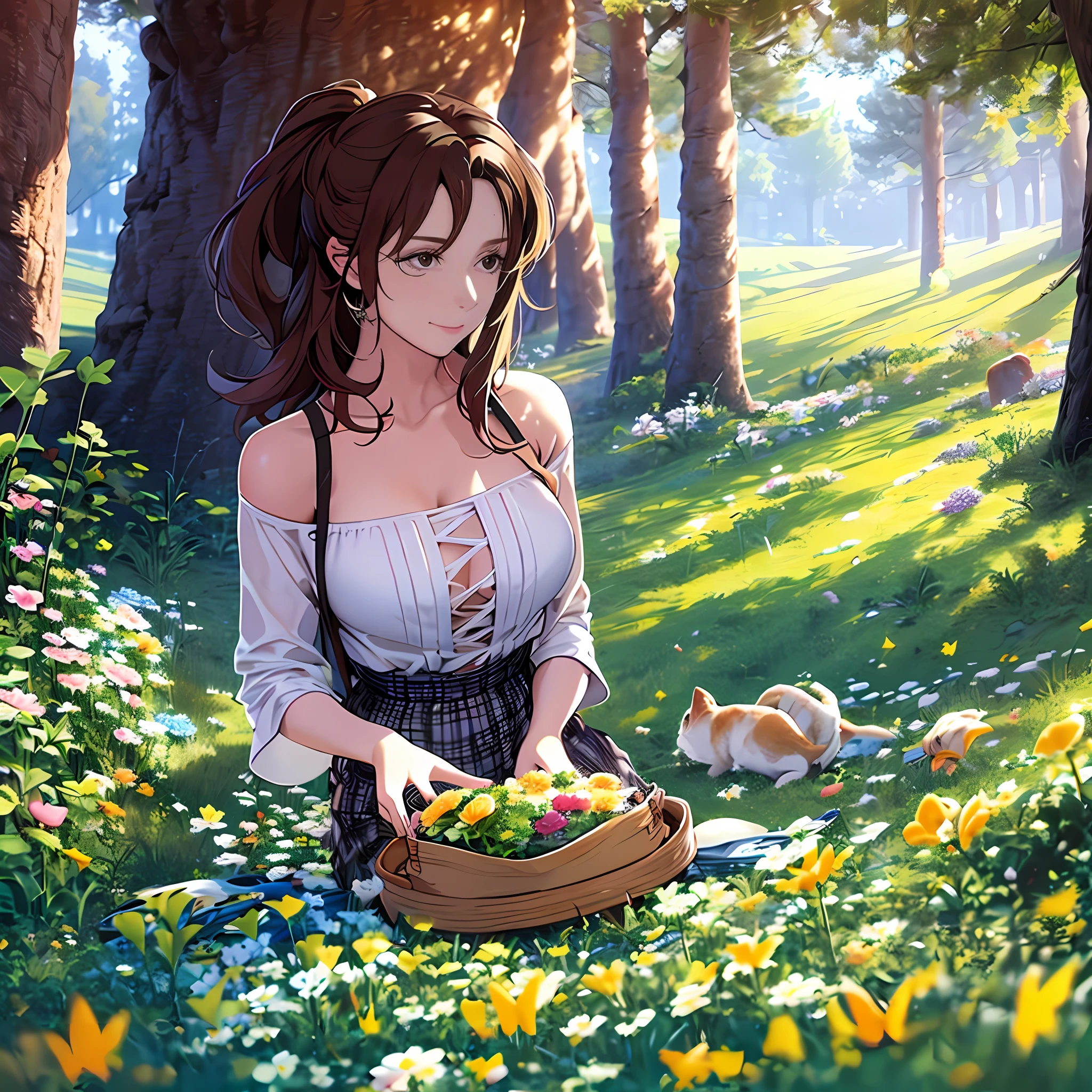 woman, age 30, milf, having a picnic in a picturesque meadow, surrounded by flowers, butterflies, and the gentle company of woodland creatures.