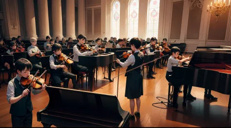 Inside the concert hall，A group of little boys，Playing the violin