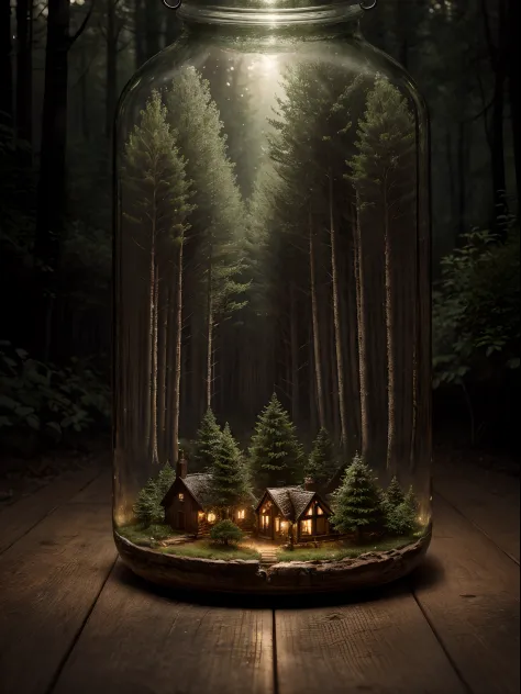 (An intricate forest minitown landscape trapped in a bottle), atmospheric oliva lighting, on the table, 4k UHD, dark vibes, hype...
