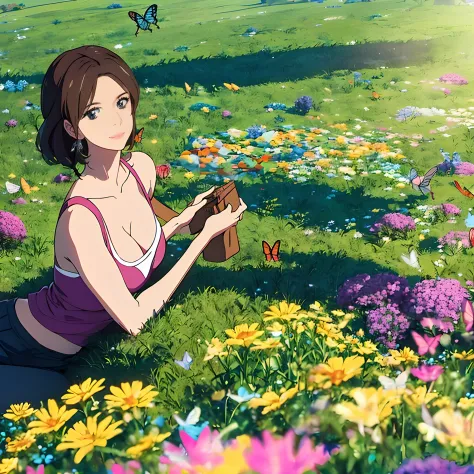 woman, age 30, milf, having a picnic in a picturesque meadow, surrounded by flowers, butterflies, and the gentle company of woodland creatures.