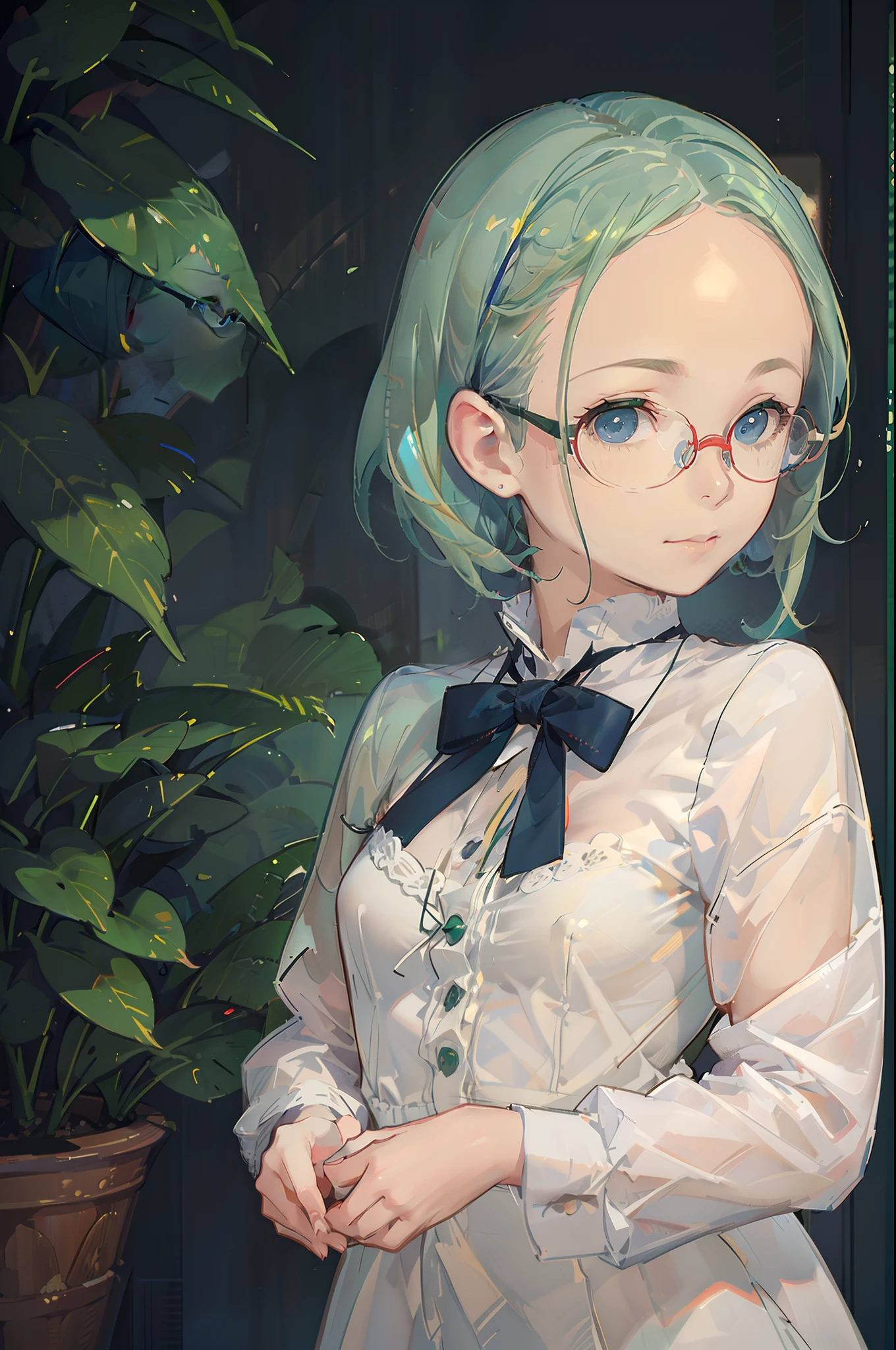 (Best quality), (masterpiece:1.3), (photorealistic:1.36), (realistic), ultra-detailed, 1mini girl, Loli (not large tasty:1.4, Small breasts), (((deep blue eyes), (Pale green hair, Short hair, forehead, Small pigtails), (red-rimed circle-glasses))), front lighting, leaning,