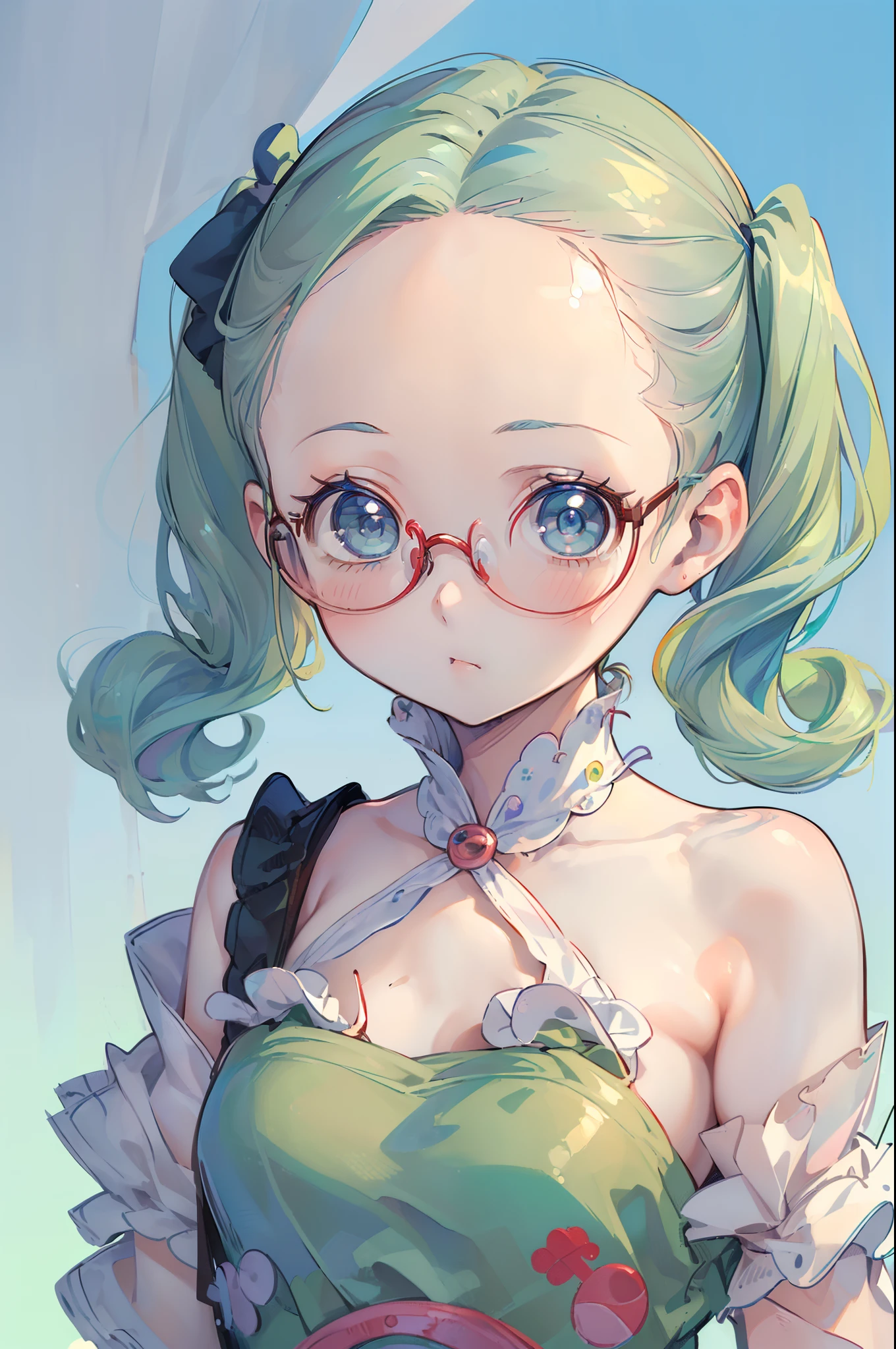 (Best quality), (masterpiece:1.3), (photorealistic:1.36), (realistic), ultra-detailed, 1mini girl, Loli (not large tasty:1.4, Small breasts), (((deep blue eyes), (Pale green hair, Short hair, forehead, Small pigtails), (red-rimed circle-glasses))),  front lighting, leaning,