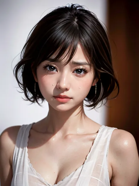 masterpiece, best quality,upper body, portrait,8k resolution,realistic,1 girl, Crying,tears,frown,sad eyes,Sharp eyes, cute face,wear,Korean style