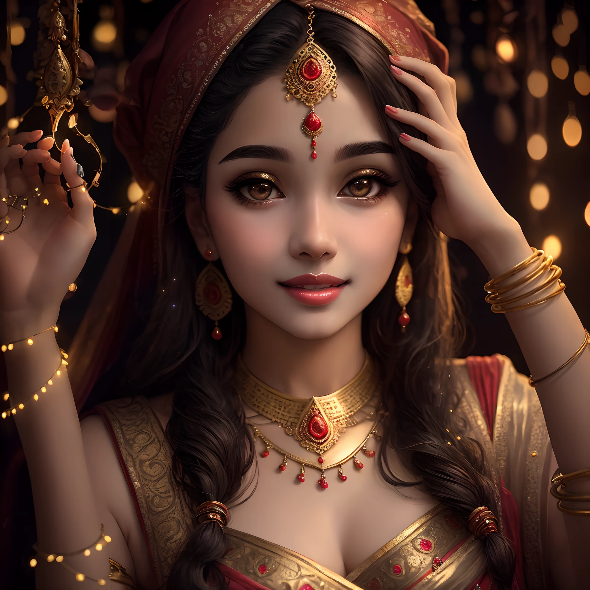 realistic, photorealistic, masterpiece, best quality, a girl, looking at viewer, happy, long hair, beautifully lips, indian lahanga, red and black lahanga, spreading lahanga lace transparent, gold plating, jewellery, spot lights, spreading lights, sparkle lights, attractive pose, whole body capture,