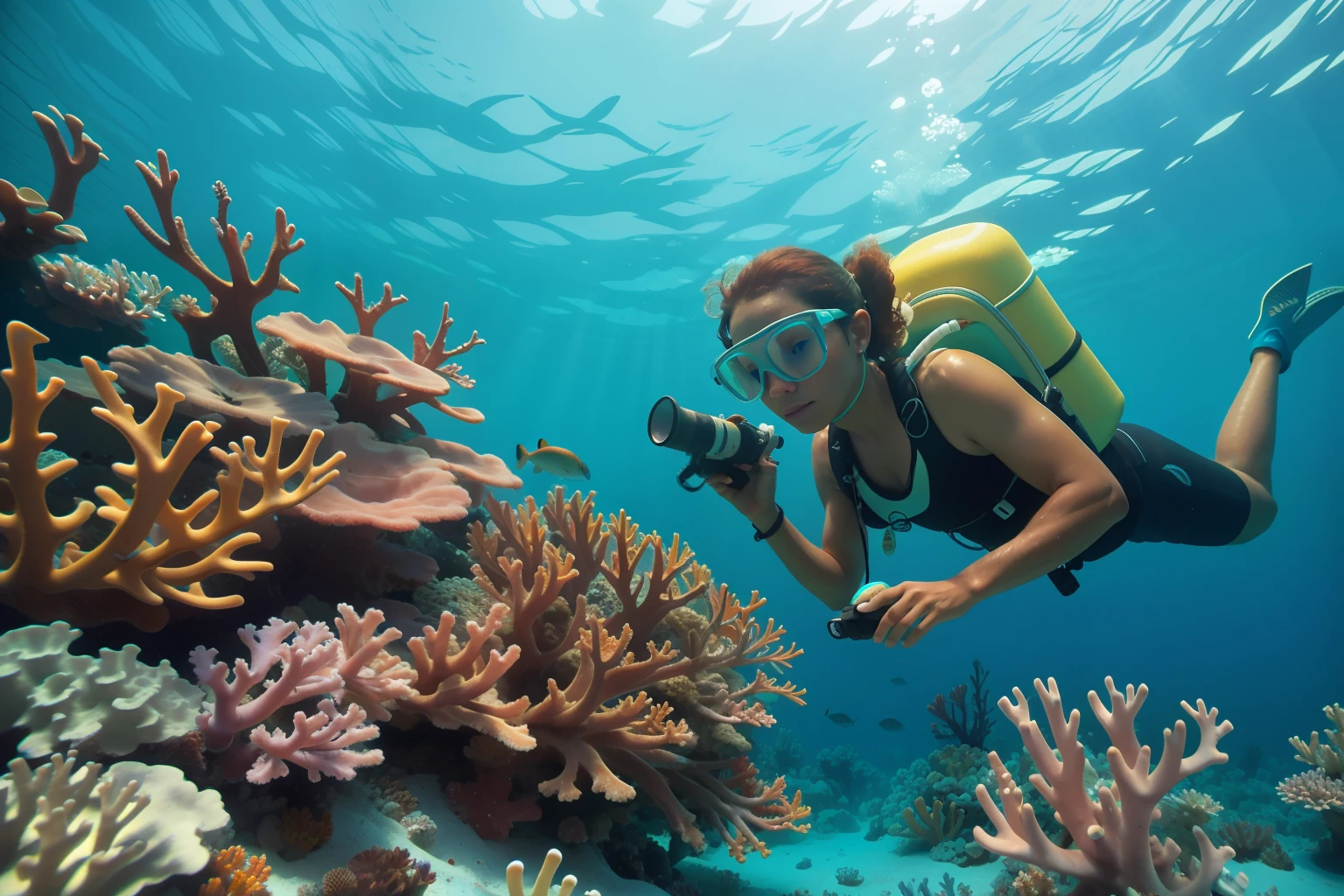 日付: 2013 国: バハマの説明: バハマの成人海洋生物学者が水中の活気あるサンゴ礁を注意深く観察している, 大気に環境管理の要素を加える.