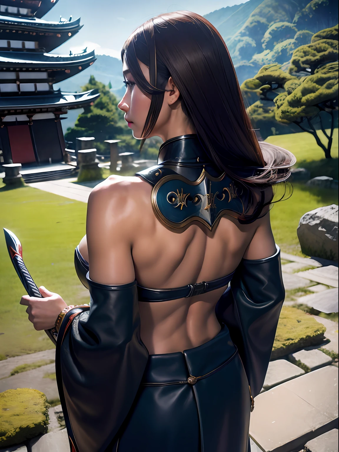 Split abs, large full breasts, Best Quality, masutepiece, 超A high resolution, (Photorealistic:1.4),  arma, Detailed face, One Girl With Her Back Turned, Sword weapons, cleavage, (Magic Circle:1.2), Beautiful girl with her back turned, Full body, Japan castle town of the Edo period, Townscape of the Edo period, Samurai, Japan, Fantasy, High quality, ultra detailed in 4k, 8K, High resolution, fantasy coverart style, medieval times, Sharp Focus, depth of fields.