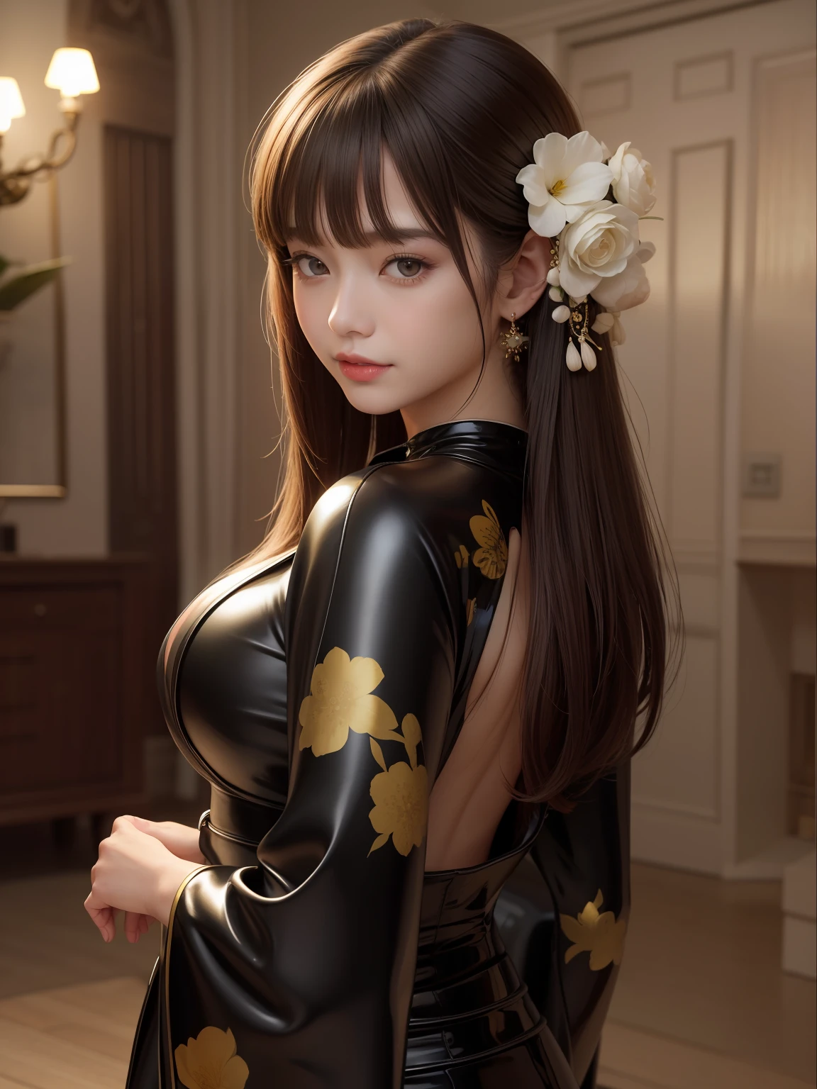 Beautiful big breasts， （Bokeh）， inside in room， Detailed luxury living room， （Small_Head）， Gentle and charming beautiful goddess， Korea（K-pop idols）， 独奏， （areola of breast）， （cleavage）， delicate and sexy（鎖骨：1.3）， slick skin， choker necklace， brunette color hair， long legged， short detailed hair， Oval shaped face， 二重まぶた， clever， nice hand，good feet， naturey（Colossal tits:1.25）， bare shoulders​， extremely tight black latex catsuit，Black latex jumpsuit that wraps around the whole body，Thin fabric，(Sit on the ground and kneel）， （femele：1.35）， （from below angle）， （Glow Skin：1.05）， （low angles））， perfect bodies， （64k uhd， hyper HD， RAW Photos， best qualtiy， tmasterpiece：1.4）， （realisticlying， photos realistic：1.37）， 超A high resolution， photon maping， Radio City、physically-based renderingt、Professional soft lighting