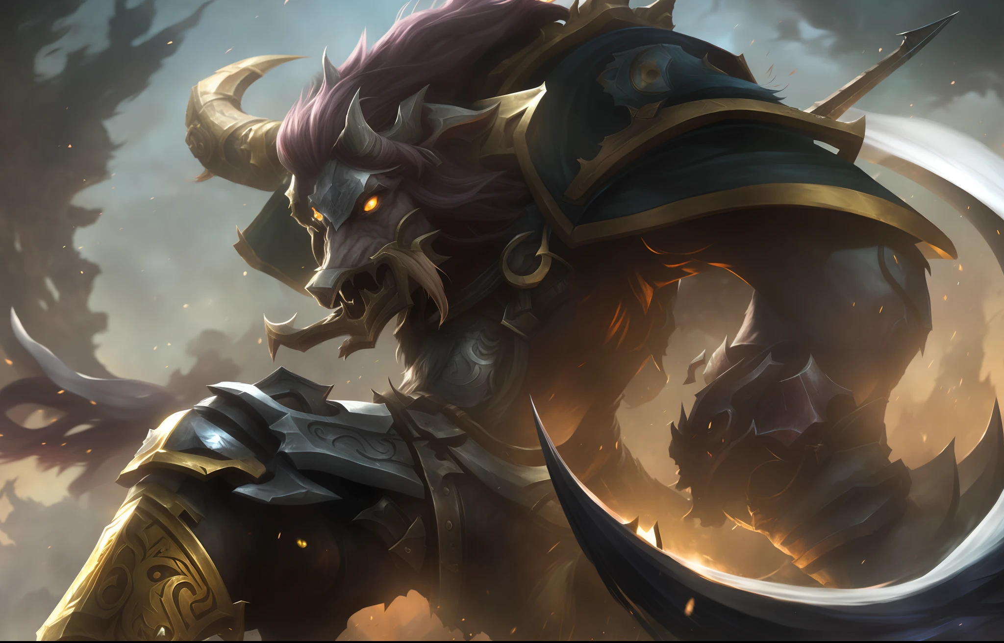 a close up of a person riding a horse with a sword, tauren, Wukong, Splash Art, league of legends splashart, league of legends art, world of warcraft splash art, League of Legends character, league of legends character art, Official Splash Art, league of legends splashart, league of legends style art, League of Legends concept art