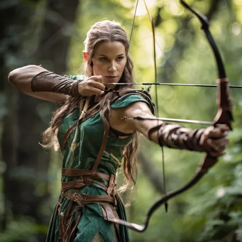 An enchanting and evocative photo capturing the essence of an elven archer as they patiently await the perfect opportunity to release their arrow. Perched gracefully on a sturdy tree branch, the elven archer blends seamlessly with the surrounding forest, t...