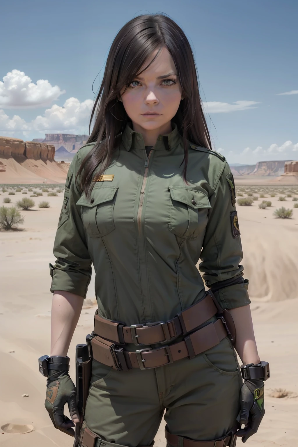 一名婦女在沙漠地區擺姿勢, 時間旅行嗜血女槍手, 肌肉女, 綠色制服, 華麗的女性, 性感的黑髮戰士, 安娜·法里斯