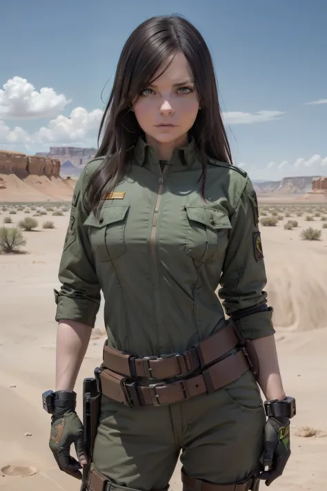 a woman poses in a desert area, time traveling bloodthirsty gunwoman, muscle girl, green uniform, gorgeous female, a sexy brunet...