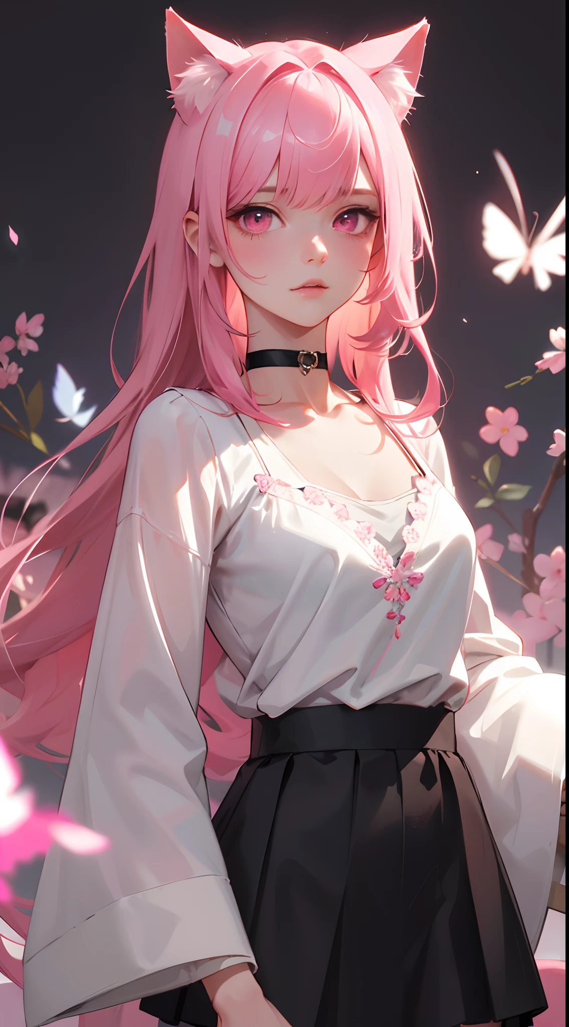 a handsome female，delicate facial features，long pink hair，pink cat ears，pink eyes，White top with sleeves,Choker, blackskirt,Sakura，K HD，higly detailed，hiquality，Good atmosphere，Delicatessen，CG рендеринг，Detailed rendering，（Subtle facial image）（Image of fine hair）（topquality）（Masterpieces of masters）（High degree of completeness）（A sense of atmosphere）