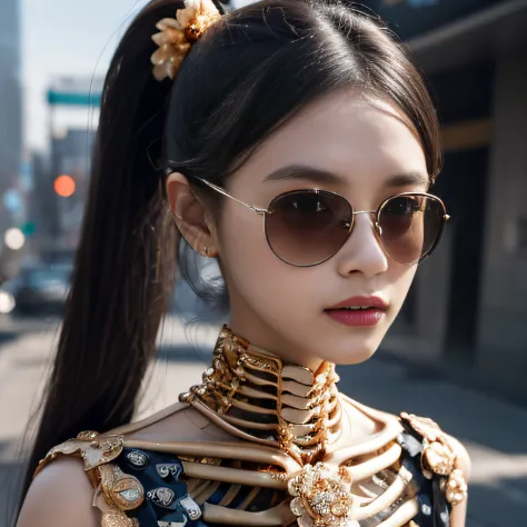 Wear gold thick-rimmed sunglasses，32K（tmasterpiece，k hd，hyper HD，32K）Burgundy double ponytail，Pond area，Indigo Skull King ，Hold the big G steering wheel （The skeleton is realistic：1.4），Skull pattern robe，Silver skull flower ornaments，Petals flutter，Colored...