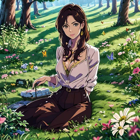 woman, age 30, milf, having a picnic in a picturesque meadow, surrounded by flowers, butterflies, and the gentle company of woodland creatures.