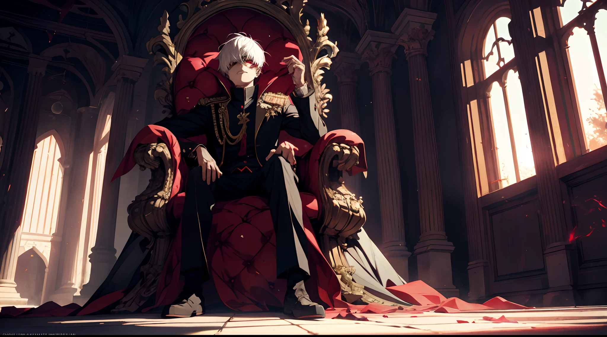 A white-haired, red-eyed prince sits on a majestic throne inside an abandoned palace. The environment around him is dark and gloomy, with evil red eyes in the walls and cobwebs hanging there. The throne is ornate, with details in gold and precious stones, and is covered by a dusty cloth. The protagonist is wearing royal clothing, with a kaneki expression on his face, as he stares at the horizon with glowing red eyes, masterpiece, best quality, ultra-detailed, illustration, 8k resolution concept art, fantasy art, epic art, concept art wallpaper 4k, deep color, natural lighting