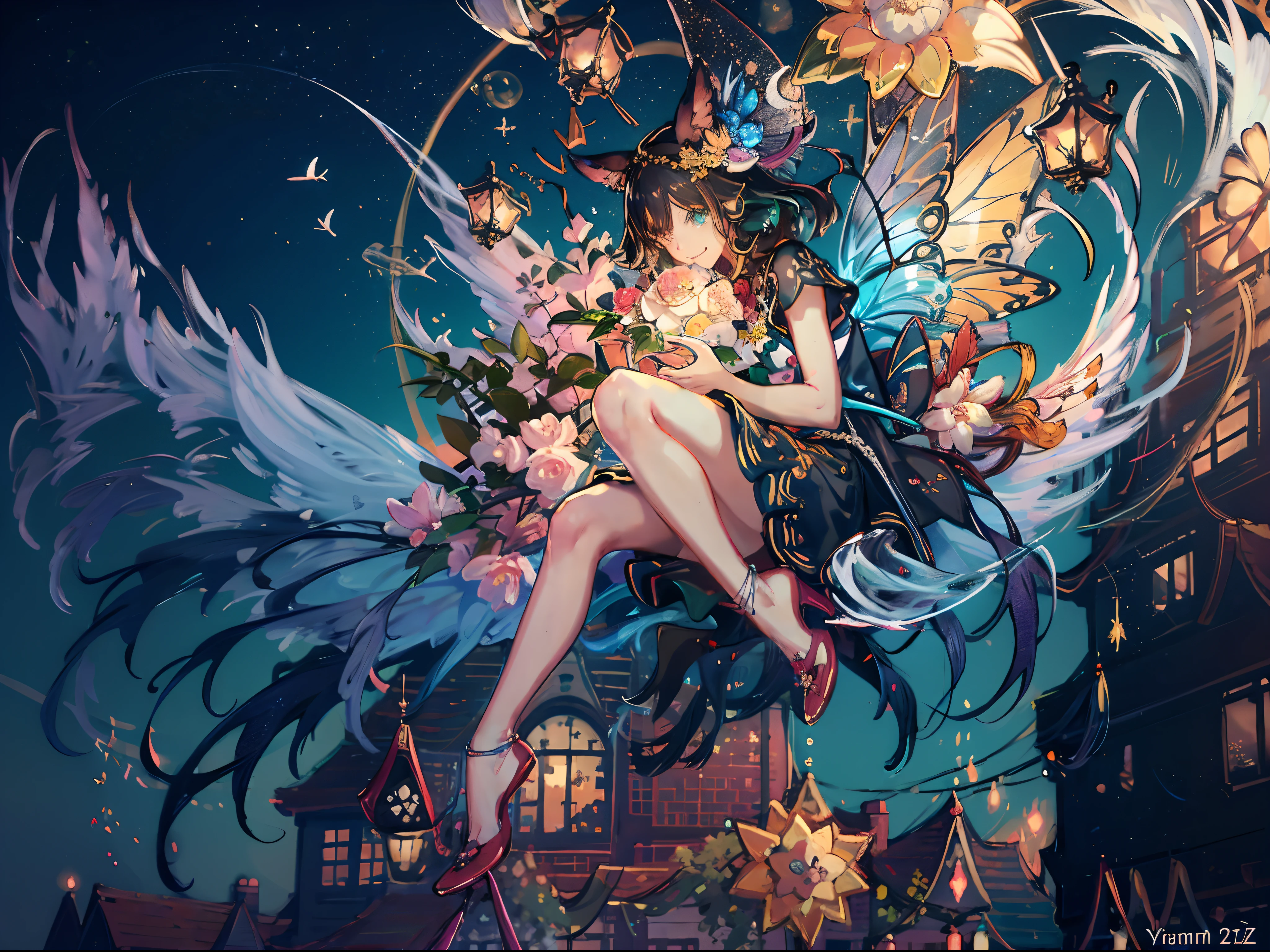 (Masterpiece:1.2, high quality), (pixiv:1.4), ,fansty world,  {{{best quality}}}, {{ultra-detailed}}, {illustration}, flower fairy, cinematic angle, {detailed light},cinematic lighting. A beautiful 3d spectral crystal flower, soft girl fairy, colorful butterflies flying around the rose, smile