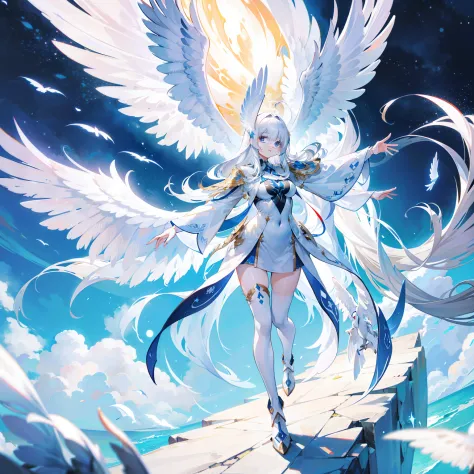 A white cloaked textured life form resembling a large bird with outstretched wings，It is an alien life form known as immortal as a bird，Has the ability to transcend time and space