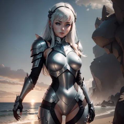 Beautiful SKS female warrior wearing Skyrim Dragon Scale Armor, Beautiful face,Glowing eyes,Hyperrealistic，Best quality，delicated face，20-year-old Kpop idol girl，Silver cyborg body，（little breast：1.47），Metal structural skeleton，Mechanical joints，By bangs，b...