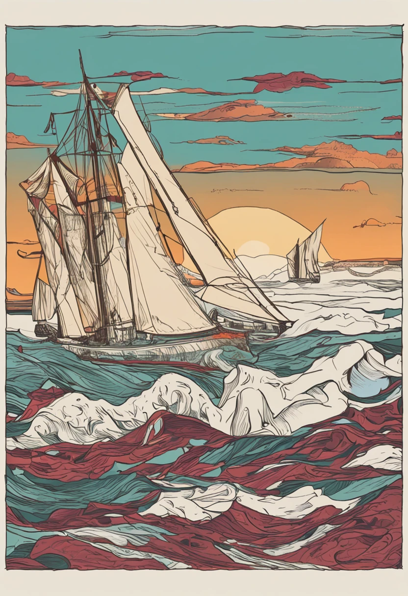 A drawing of a sailboat sailing in the ocean at sunset - SeaArt AI