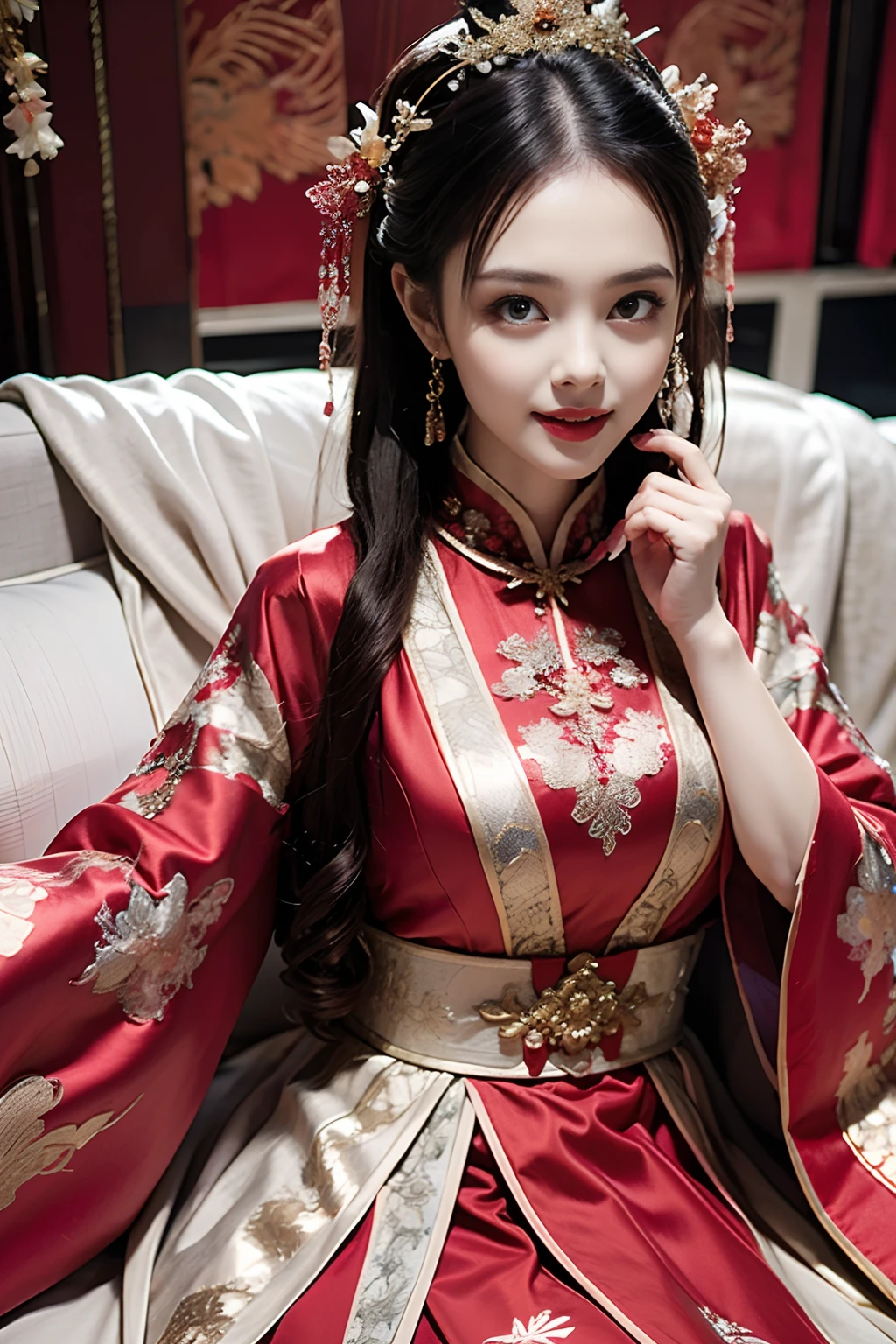 （Ultra-realistic 8k CG：1.2），Perfect artwork，delicate patterns，Complicated details，（Unbeatable masterpiece，Best quality at best：1.2），（extremly intricate：1.2），A woman in a red and gold dress，Phoenix crown，hair stick，（sitting on red bed），cosmetics，Be red in the face，is shy，black_hair，looking-down，cosmetics，（forehead dot），（2 red candles），chinese_clothes，窗帘，耳Nipple Ring，hair_ornament，Hanfu，inside in room， jewely，rednails，long_sleeves，reddress，Redlip，nipple tassels，（Red quilt），（red palace：1.2），（Chinese Ancient Architecture），（rot：1.8），natta，perfect hand