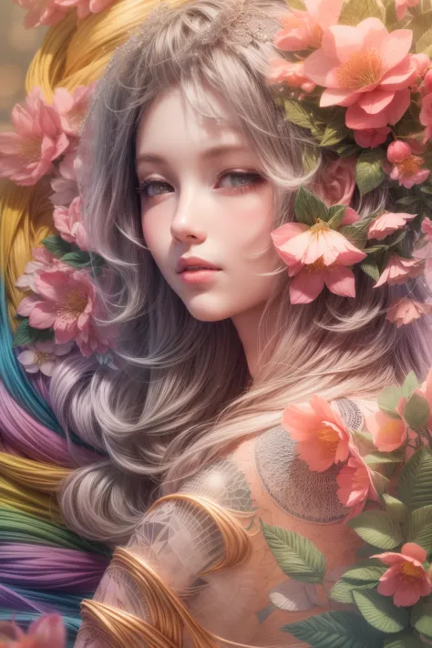 Rainbow Colors theme,(1 girl,Masterpiece peach blossoms), (illustration:1.2,paper art:1.2, zentangle:1.2, geomerty:1.2,3D render),(Best quality, high detailed, Masterpiece,  Cinematic Lighting, 4K, Chiaroscuro)