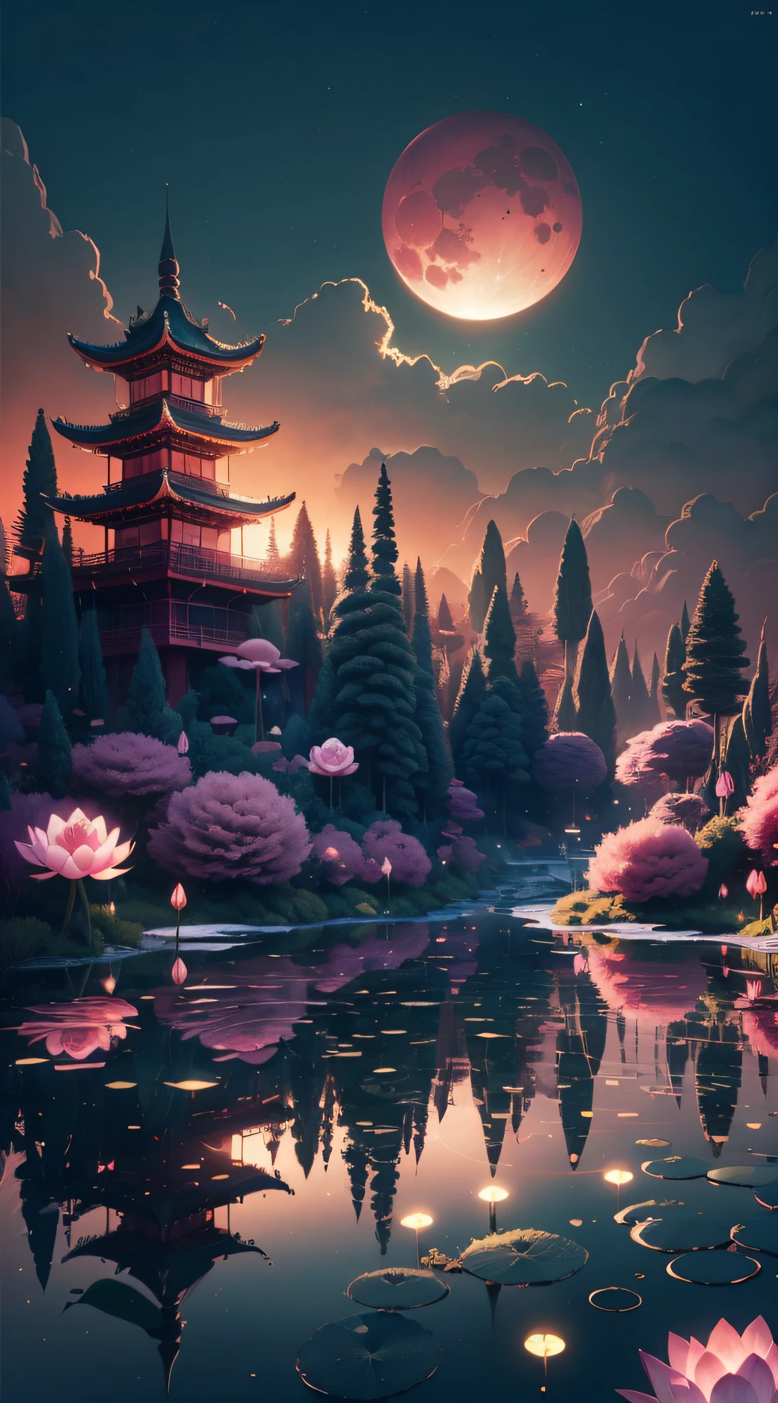 Pink moon，（low-contrast）， A masterpiece in colorful fantasy style， best qualtiy， high qulity， the Extremely Detailed CG Unity 8K Wallpapers，Chinese Traditional illustration style，the night，scenecy， exteriors，Chinese style buildings， mont， Skysky， Cloud fog，No Man， The landscape， water， pines，There are lotus flowers on the pond，naturey，award winning photography， bokeh， depth of fields， hdr， flood， color difference ， Photorealistic and realistic， The is very detailed， trends in art station， Trend of CGsociety， complex， high detal， dramatics，art by midjourney