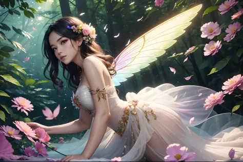"A mesmerizing Flower Fairy with vibrant, multicolored wings and delicate petals floating around her. She radiates a ethereal glow in a dreamy forest, surrounded by lush foliage and shimmering sunlight. Her graceful pose captures her enchanting presence, w...