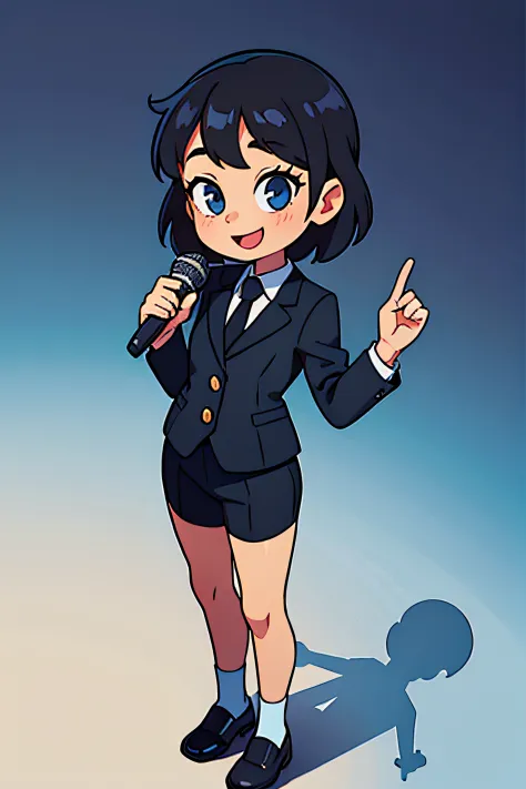 A cute little girl and a cute little boy in black business clothes，standing on your feet，Full body photo，Q version，holding a mic...