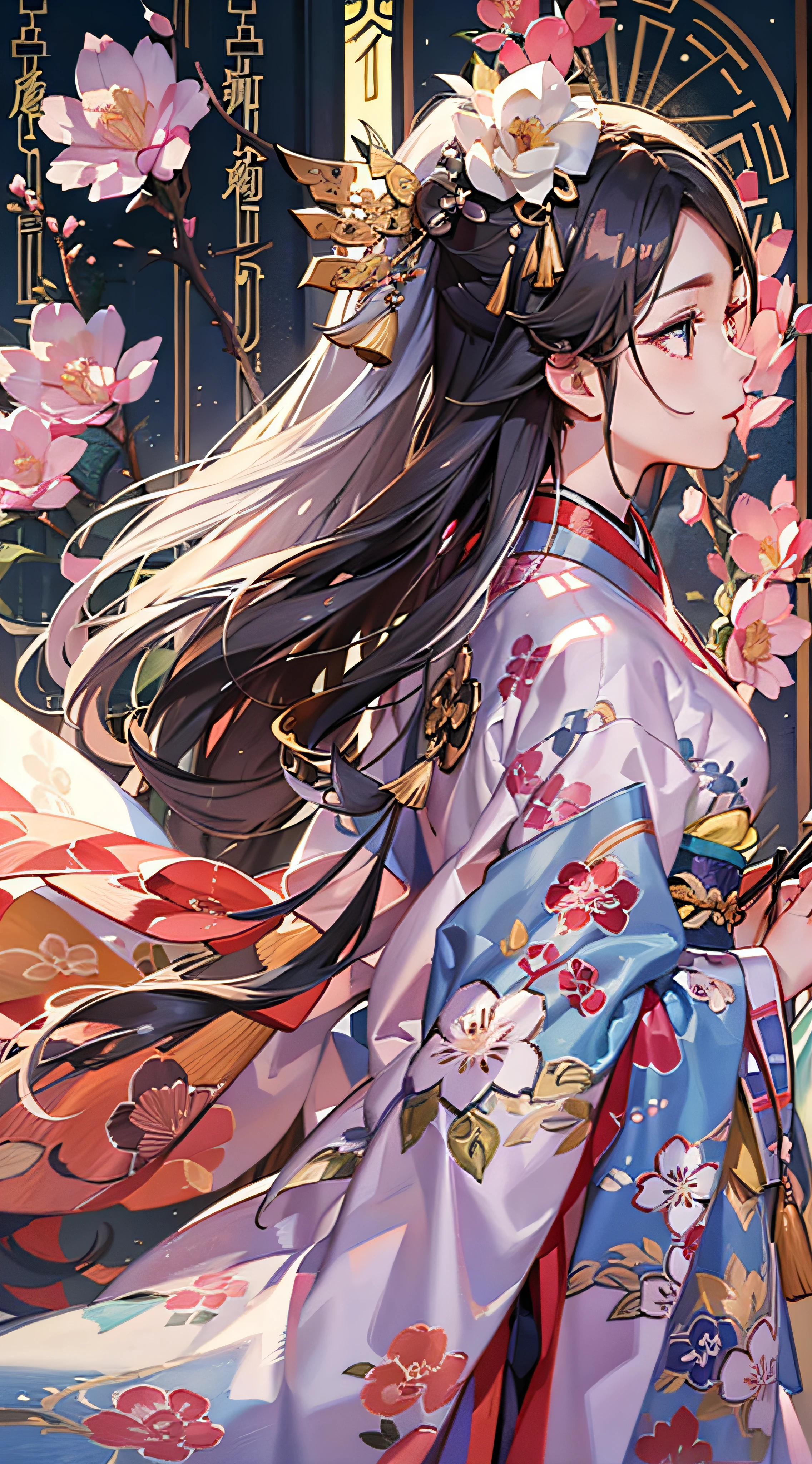 Kimono girl，Hanfu girl，back-to-back，(Masterpiece:1.2), Best quality, (illustration:1.2), (Ultra-detailed), 超详细信息, (细腻细致), (Intricate details), (Cinematic light, 最优质的背光), 清晰的线条, From below, perfect bodies，Beautifully detailed eyes，(2girls)，Splendid palace，High contrast, (Best illumination, an extremely create and beautiful), ((Cinematic light)), Bright colors